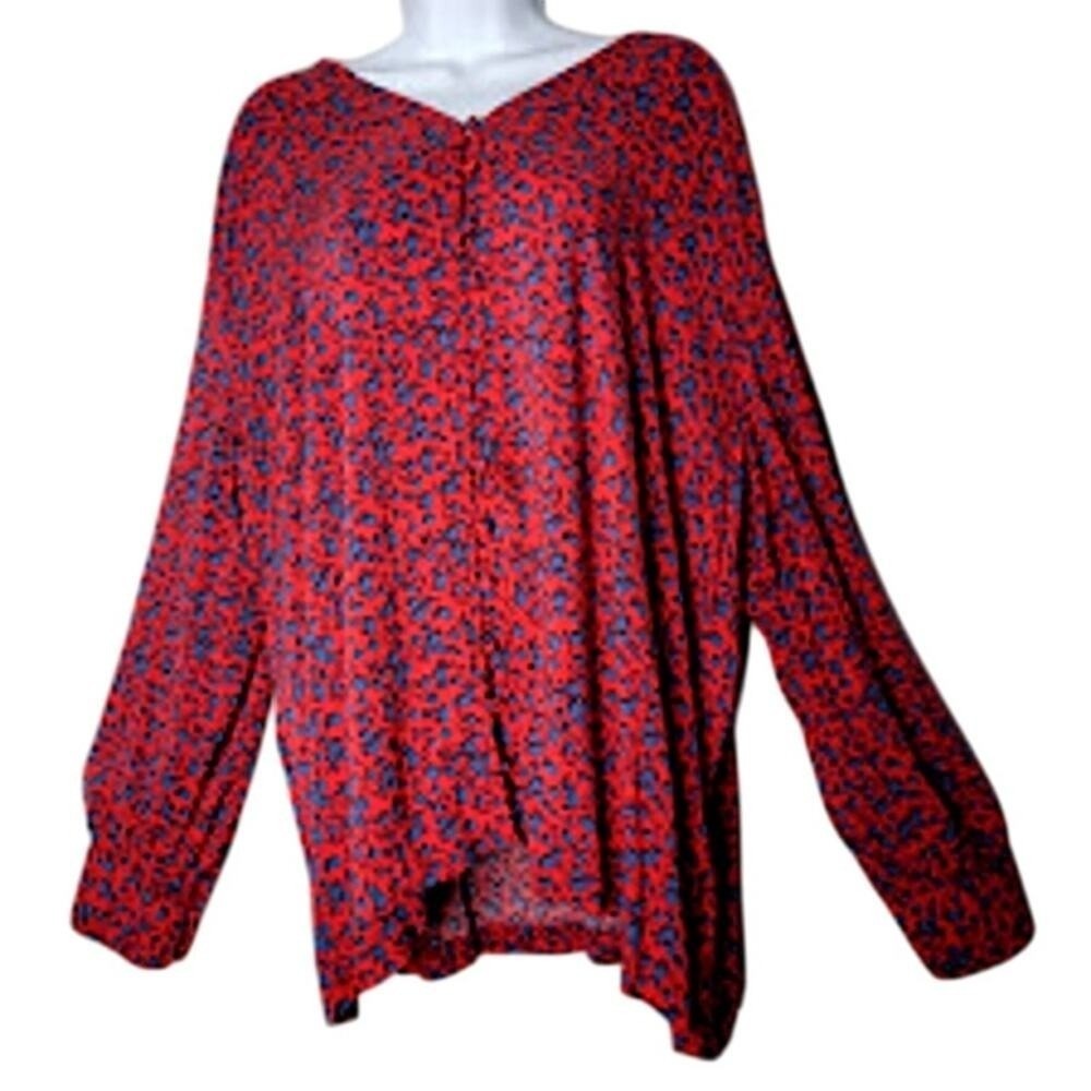 J. Jill Womens 2X Boho Lagenlook Red Floral Button Up‎ Rayon Tunic Blouse
